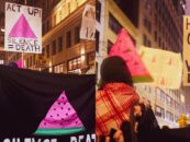 7 images d’ACT UP NY descendant dans la rue lors d’un rassemblement queer en Palestine en disant « SILENCE = MORT »