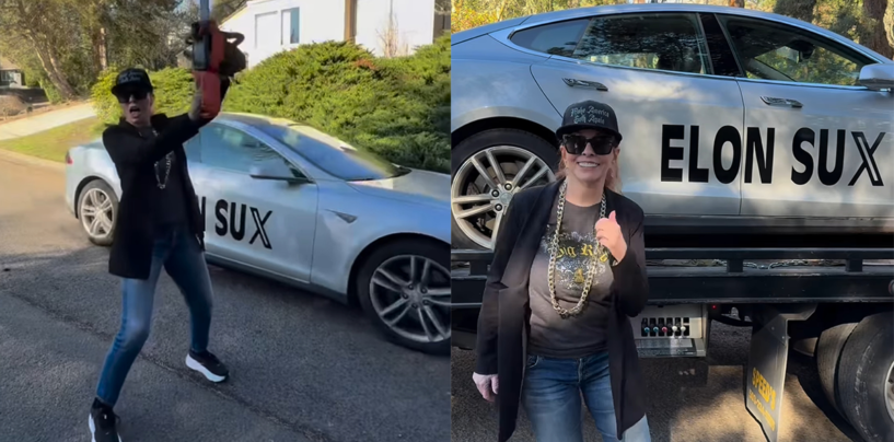 REGARDER: Elvira donne le doigt à son «  Elon Sux '' Tesla et l'envoie avec une tronçonneuse