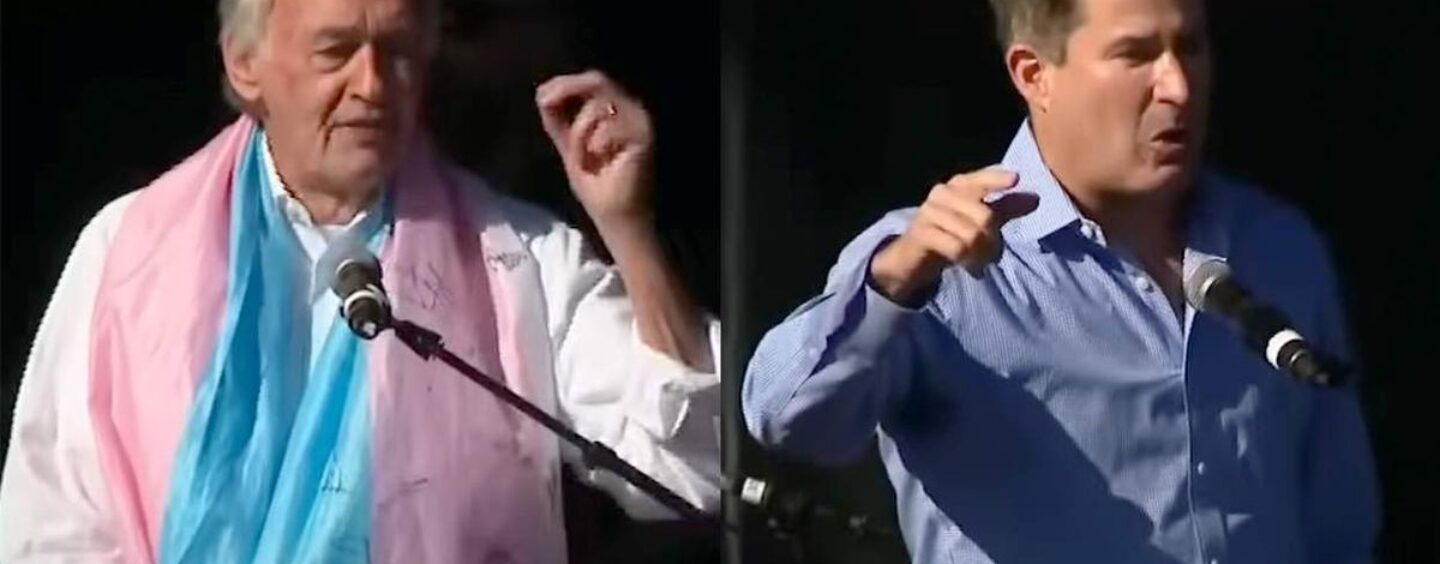 Un rival pro-trans attire des applaudissements après que le représentant Seth Moulton ait hué lors du rassemblement Boston No Kings