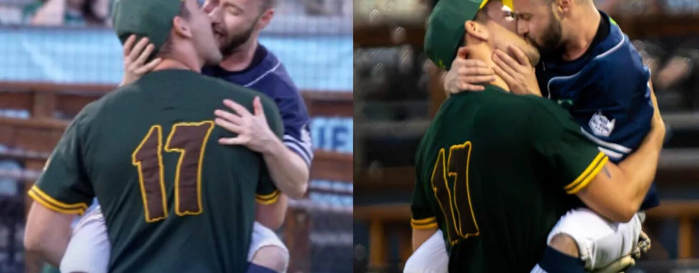 Un lanceur de baseball et un frappeur s'embrassent lors d'une soirée Heated Rivalry à Portland