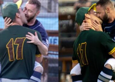 Un lanceur de baseball et un frappeur s'embrassent lors d'une soirée Heated Rivalry à Portland
