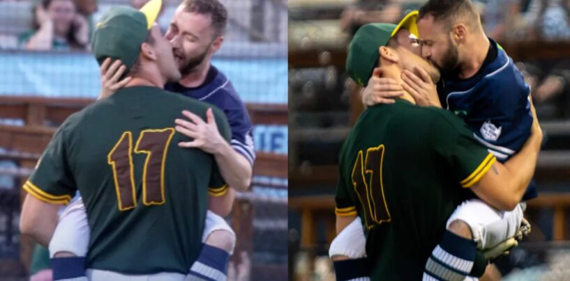 Un lanceur de baseball et un frappeur s'embrassent lors d'une soirée Heated Rivalry à Portland